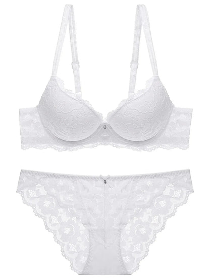 1 Set Elegant Lace Embroidery Breathable Fabric Lingerie Set Push-Up Bra Drop Waist Sheer Panty - Ultimate Valentine's Day