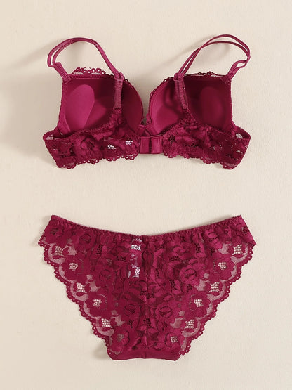 1 Set Elegant Lace Embroidery Breathable Fabric Lingerie Set Push-Up Bra Drop Waist Sheer Panty - Ultimate Valentine's Day